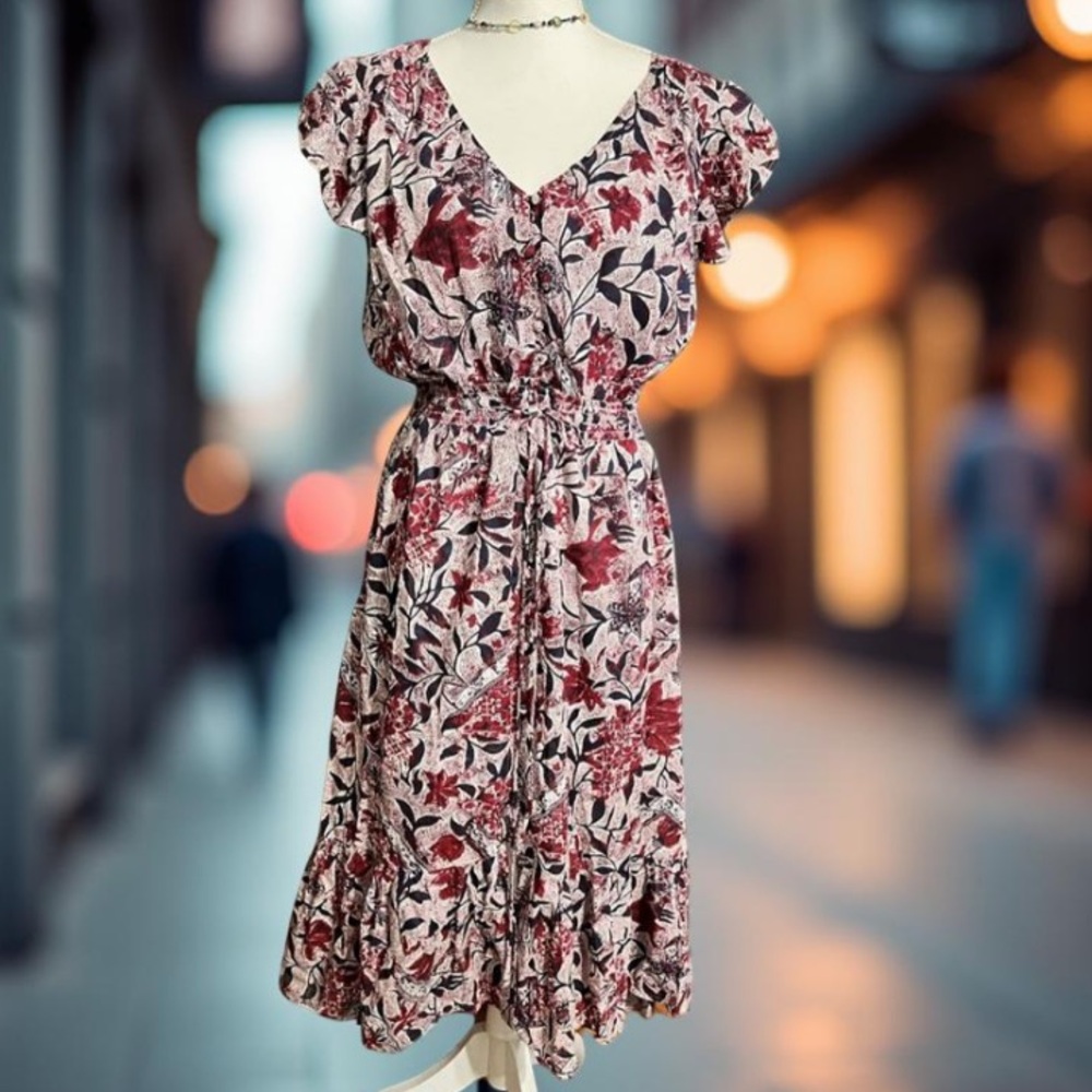 Lucky Brand Floral Dress high low short sleeves button down with half slip Large - Picture 2 of 12